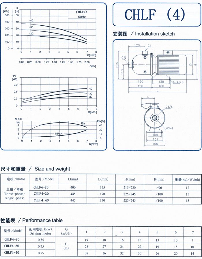 CHLF輕型立式不銹鋼多級(jí)離心泵安裝圖、尺寸、性能