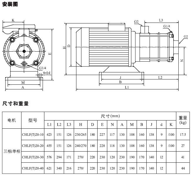 不銹鋼多級離心泵安裝圖、尺寸及重量