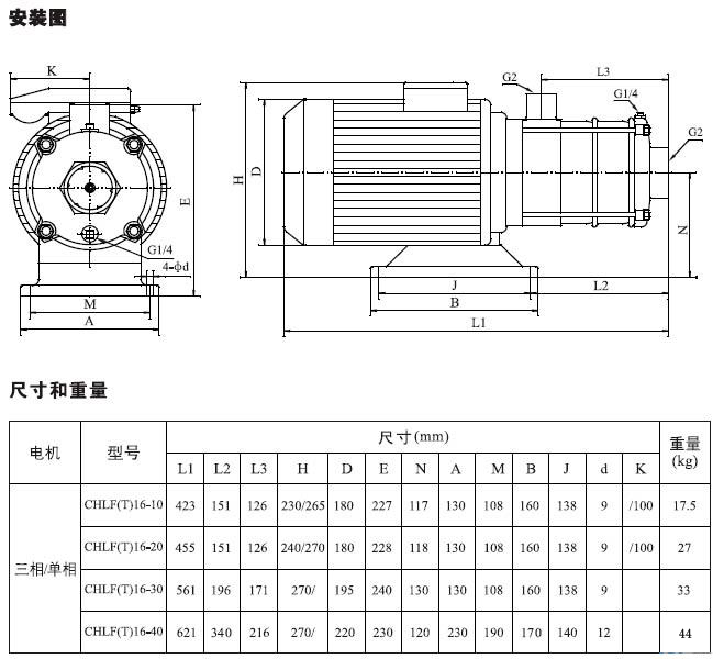 不銹鋼多級離心泵安裝圖、尺寸及重量