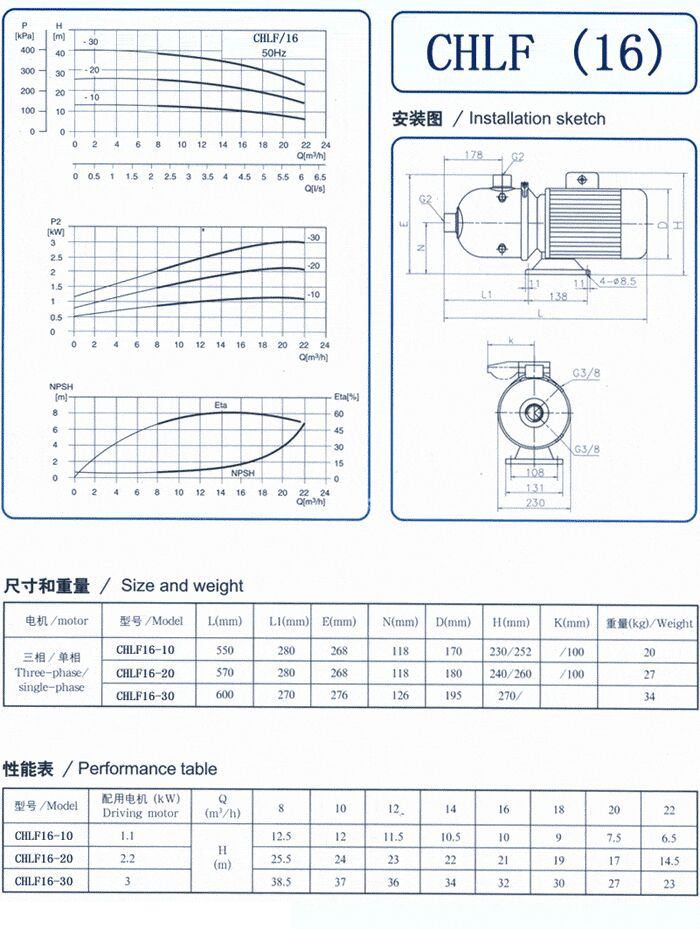 CHLF輕型不銹鋼多級(jí)離心泵尺寸和重量、性能表